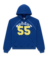 Sp5der 55 University Hoodie navy, fleece hoodie with white Sp5der lettering and yellow 55 appliqué, front view