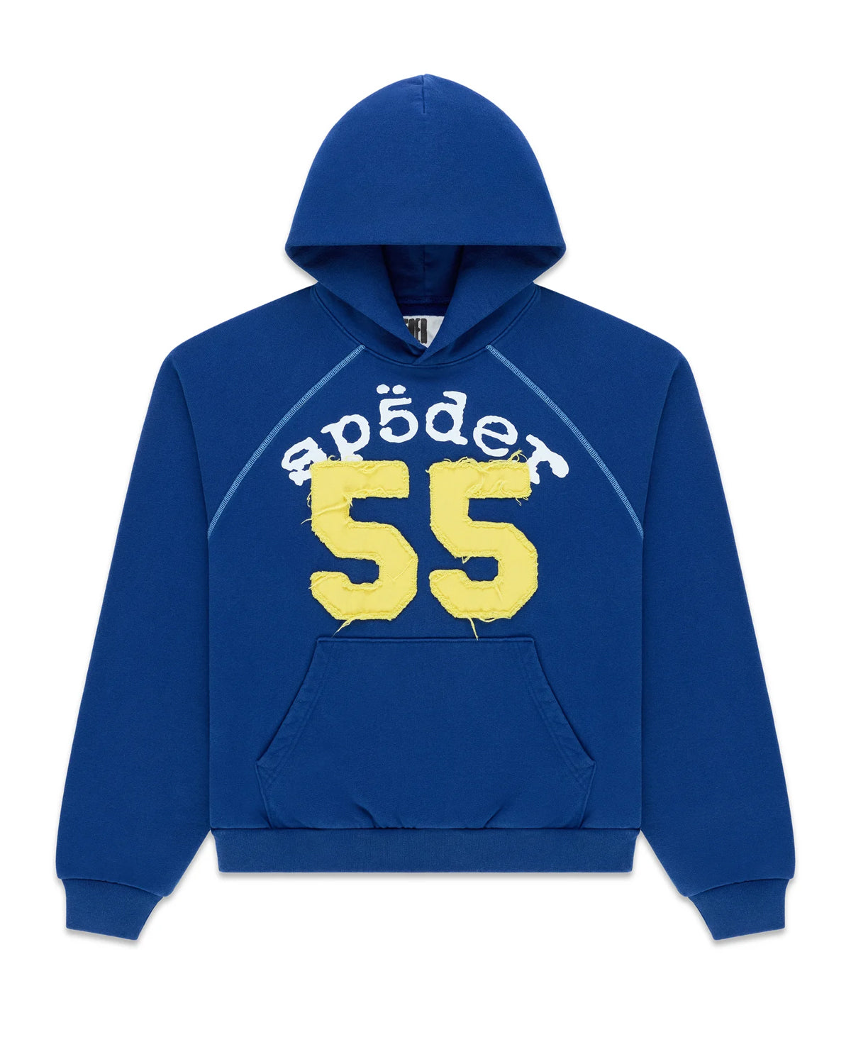 Sp5der 55 University Hoodie navy, fleece hoodie with white Sp5der lettering and yellow 55 appliqué, front view