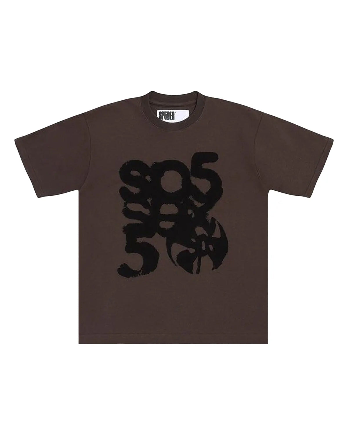 Sp5der 5ex Tee brown, dark brown cotton tee with a tonal black spray-paint 5ex chest graphic, front view