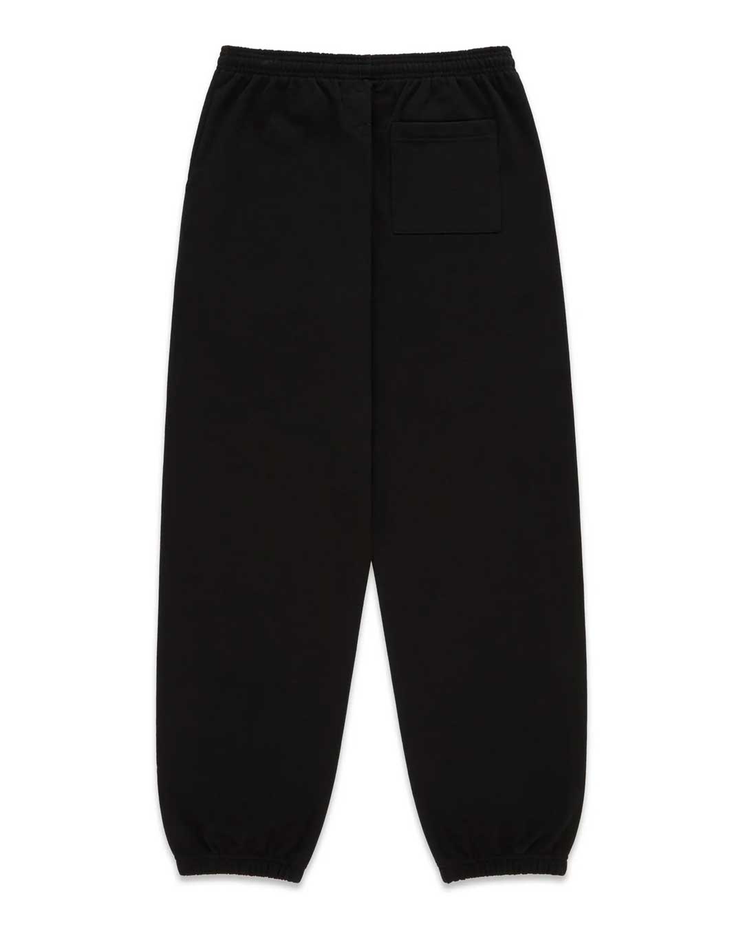 Sp5der Angel Number Beluga Sweatpants black and pink, plain black back with a single patch pocket, back view