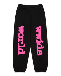 Sp5der Angel Number Beluga Sweatpants black and pink, black fleece joggers with an oversized hot pink puff worldwide wordmark down both legs, front view