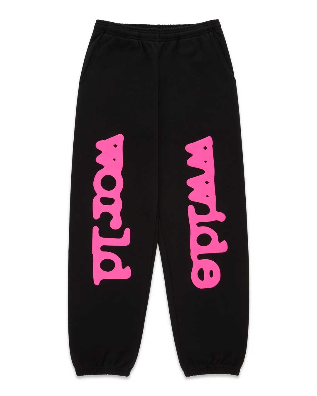Sp5der Angel Number Beluga Sweatpants black and pink, black fleece joggers with an oversized hot pink puff worldwide wordmark down both legs, front view