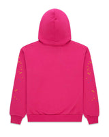 Sp5der Angel Number Hoodie pink, plain fuchsia back with star confetti running down both sleeves, back view