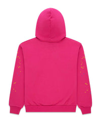 Sp5der Angel Number Hoodie pink, plain fuchsia back with star confetti running down both sleeves, back view