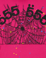 Sp5der Angel Number Hoodie pink, straight-on close-up of the 555 555 numerals, spiderweb and kangaroo pocket
