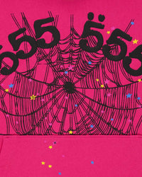 Sp5der Angel Number Hoodie pink, straight-on close-up of the 555 555 numerals, spiderweb and kangaroo pocket