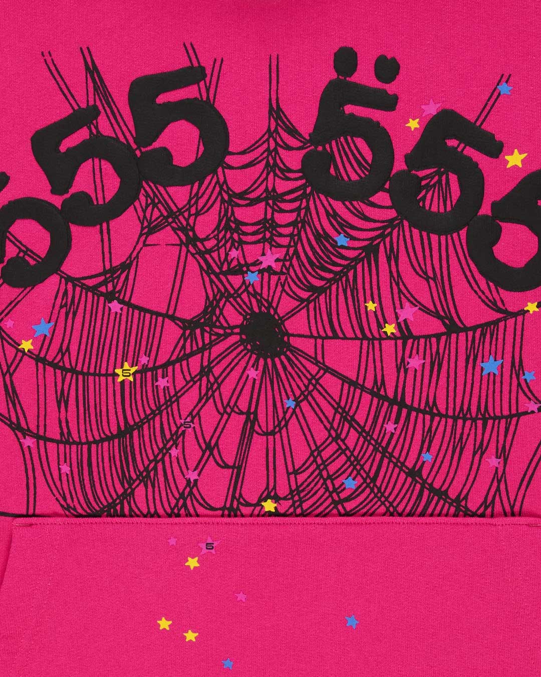 Sp5der Angel Number Hoodie pink, straight-on close-up of the 555 555 numerals, spiderweb and kangaroo pocket