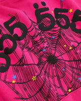 Sp5der Angel Number Hoodie pink, close-up of the black puff 555 numerals and line-drawn spiderweb graphic