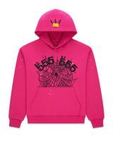 Sp5der Angel Number Hoodie pink, fuchsia hoodie with black puff 555 555 numerals over a line-drawn spiderweb and star confetti, front view