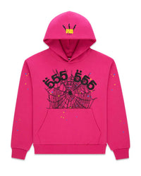 Sp5der Angel Number Hoodie pink, fuchsia hoodie with black puff 555 555 numerals over a line-drawn spiderweb and star confetti, front view