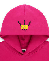 Sp5der Angel Number Hoodie pink, close-up of the yellow SP5DER lightning-bolt logo printed on the hood