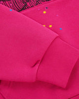 Sp5der Angel Number Hoodie pink, close-up of the ribbed sleeve cuff and scattered star print
