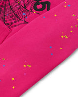 Sp5der Angel Number Hoodie pink, close-up of the multicolour star confetti print on the sleeve