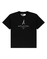 Sp5der Arraignee Tee black, black cotton tee with an embroidered white Eiffel Tower over an outlined ATLANTA wordmark, front view