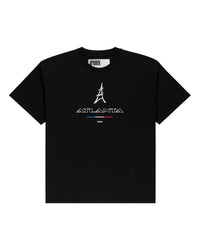 Sp5der Arraignee Tee black, black cotton tee with an embroidered white Eiffel Tower over an outlined ATLANTA wordmark, front view