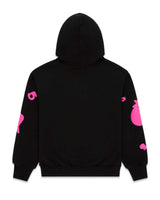 Sp5der Beluga Angel Number Hoodie black and pink, plain black back with pink graphics running down both sleeves, back view