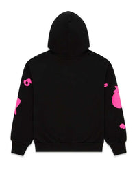 Sp5der Beluga Angel Number Hoodie black and pink, plain black back with pink graphics running down both sleeves, back view