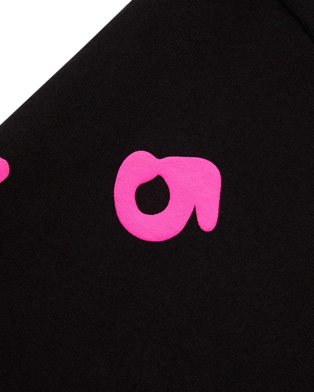 Sp5der Beluga Angel Number Hoodie black and pink, close-up of a single pink numeral printed on the sleeve