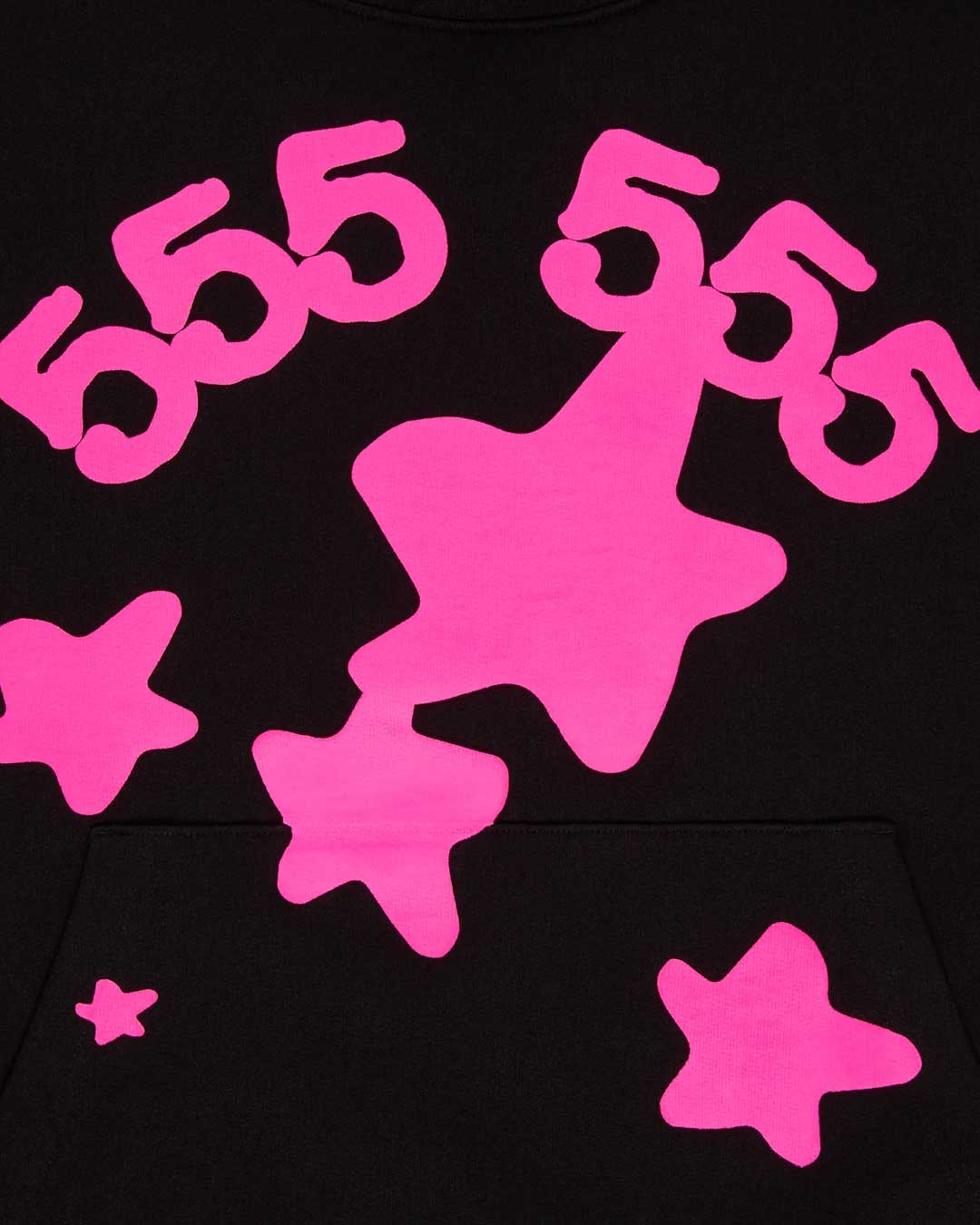 Sp5der Beluga Angel Number Hoodie black and pink, close-up of the pink 555 555 numerals and puff-print stars over the pocket