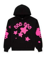Sp5der Beluga Angel Number Hoodie black and pink, black hoodie with an oversized hot pink 555 555 and star graphic, front view
