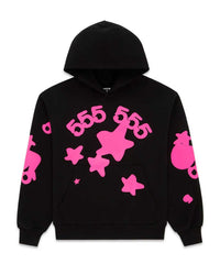 Sp5der Beluga Angel Number Hoodie black and pink, black hoodie with an oversized hot pink 555 555 and star graphic, front view