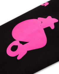 Sp5der Beluga Angel Number Hoodie black and pink, close-up of the pink puff graphic and star on the sleeve