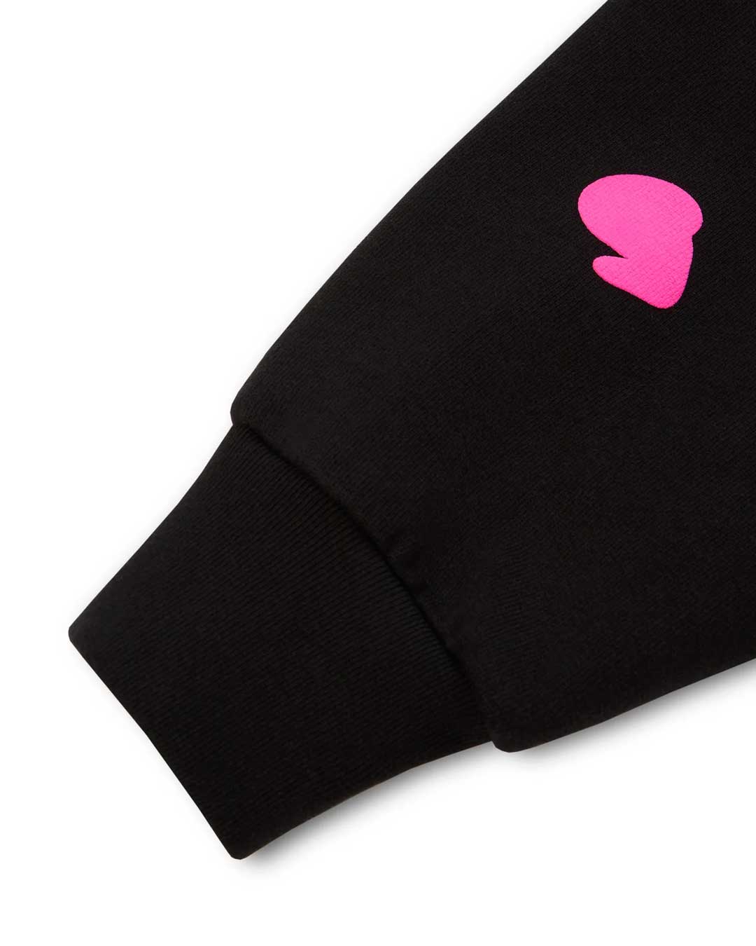 Sp5der Beluga Angel Number Hoodie black and pink, close-up of the ribbed sleeve cuff with a pink graphic above it