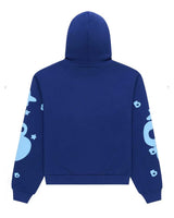 Sp5der Beluga Hoodie navy/blue, back view with puff 5 and star graphics on the sleeves