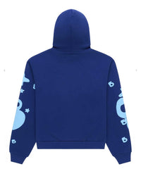 Sp5der Beluga Hoodie navy/blue, back view with puff 5 and star graphics on the sleeves