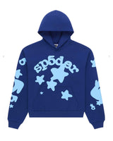 Sp5der Beluga Hoodie navy/blue, navy fleece hoodie with light blue puff Sp5der lettering and stars, front view