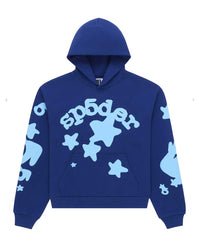 Sp5der Beluga Hoodie navy/blue, navy fleece hoodie with light blue puff Sp5der lettering and stars, front view
