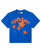 Sp5der Beluga Tee blue, royal blue cotton tee with an arched orange sp5der wordmark and star cluster, front view