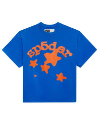 Sp5der Beluga Tee blue, royal blue cotton tee with an arched orange sp5der wordmark and star cluster, front view