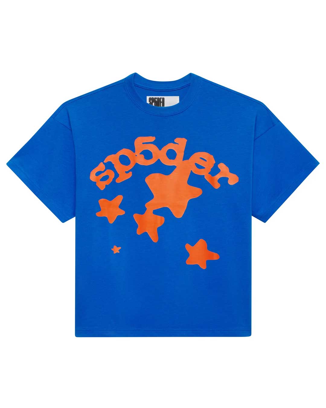 Sp5der Beluga Tee blue, royal blue cotton tee with an arched orange sp5der wordmark and star cluster, front view