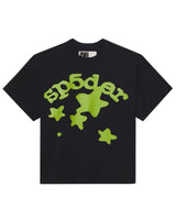 Sp5der Beluga Tee onyx, black cotton tee with an arched lime green sp5der wordmark and star cluster, front view