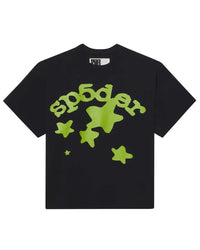 Sp5der Beluga Tee onyx, black cotton tee with an arched lime green sp5der wordmark and star cluster, front view