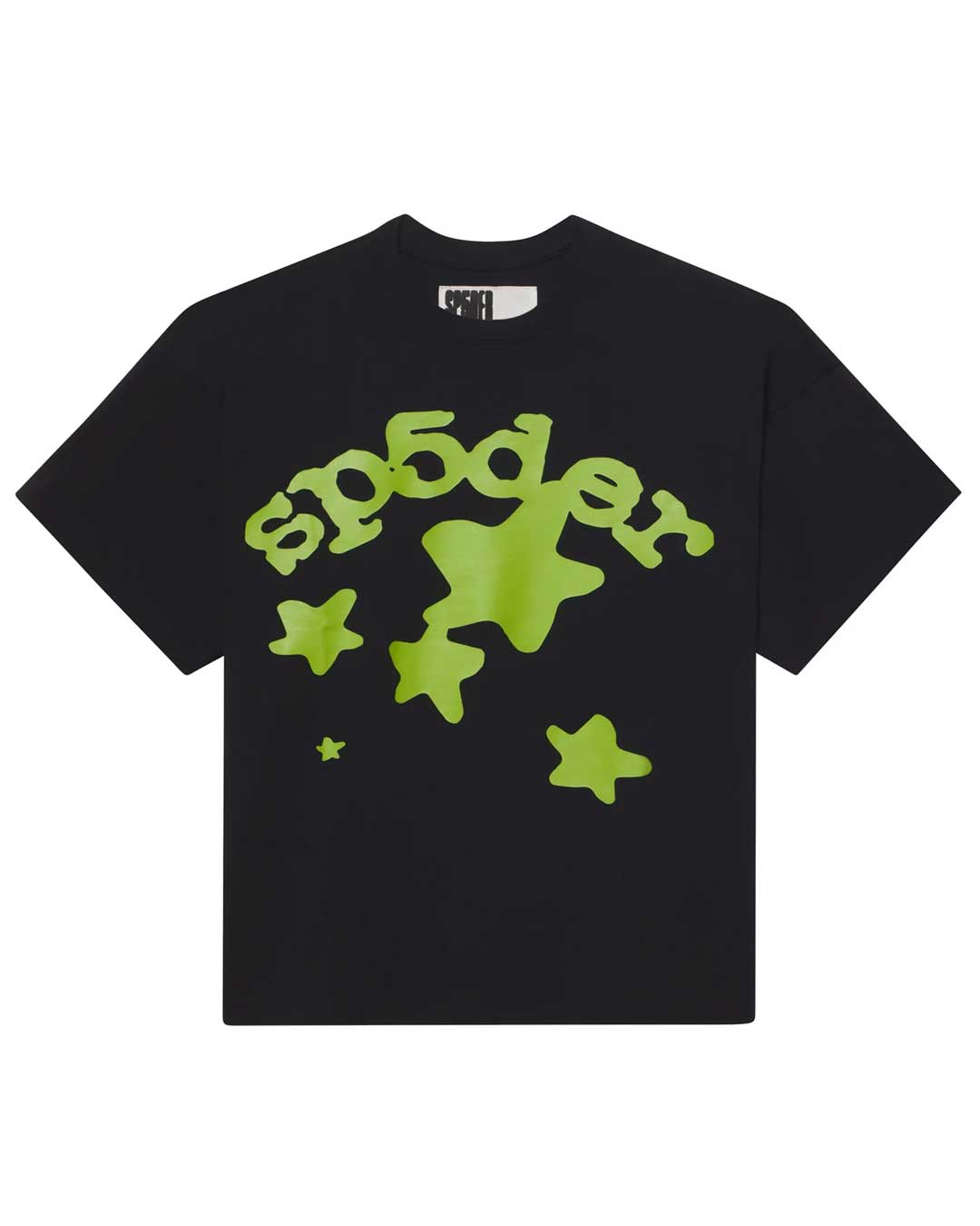 Sp5der Beluga Tee onyx, black cotton tee with an arched lime green sp5der wordmark and star cluster, front view