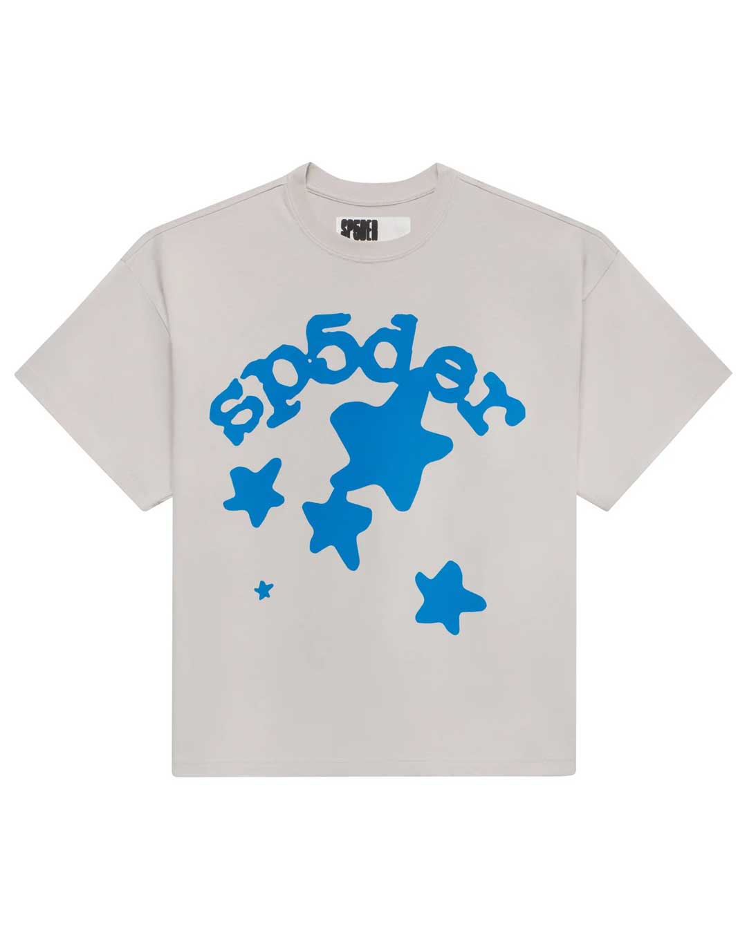 Sp5der Beluga Tee plastic, bone grey cotton tee with an arched blue sp5der wordmark and star cluster, front view