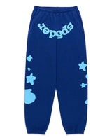 Sp5der Beluga V2 Sweatpants navy/blue, navy sweatpants with light blue puff Sp5der lettering, front view