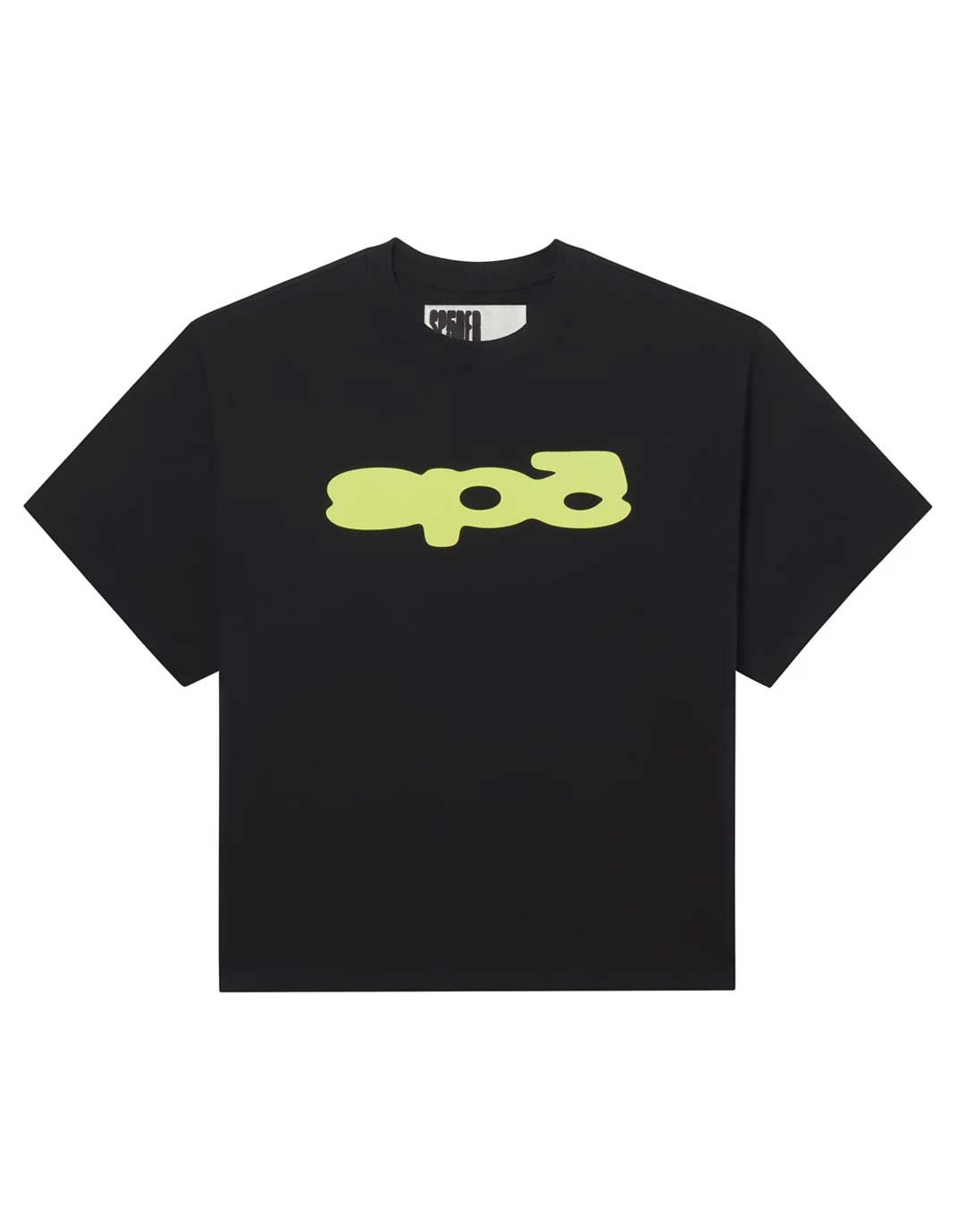 Sp5der Bubble Tee onyx, black boxy tee with lime-yellow bubble Sp5der logo, front view