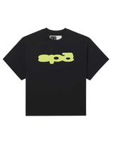 Sp5der Bubble Tee onyx, black boxy tee with lime-yellow bubble Sp5der logo, front view