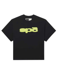 Sp5der Bubble Tee onyx, black boxy tee with lime-yellow bubble Sp5der logo, front view
