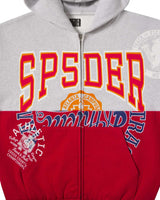 Sp5der Campers Field Zip Up Hoodie heather grey, close-up of the red and gold arched SP5DER chest lettering