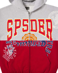 Sp5der Campers Field Zip Up Hoodie heather grey, close-up of the red and gold arched SP5DER chest lettering