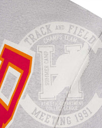 Sp5der Campers Field Zip Up Hoodie heather grey, close-up of the collegiate seal patches at the shoulder