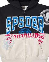 Sp5der Campers Field Zip Up Hoodie onyx, close-up of the blue arched SP5DER chest lettering