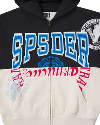 Sp5der Campers Field Zip Up Hoodie onyx, close-up of the blue arched SP5DER chest lettering