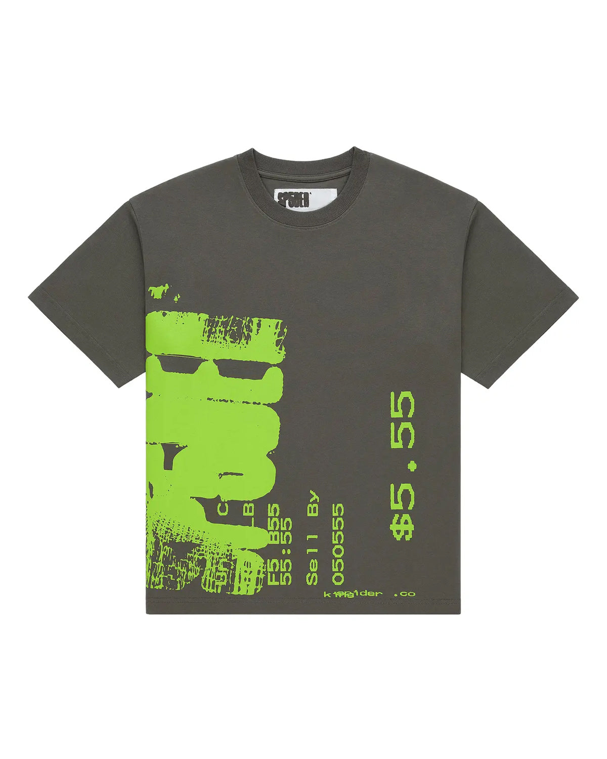 Sp5der Commerce Tee slate grey, charcoal cotton tee with a lime green distressed side graphic and $5.55 print, front view