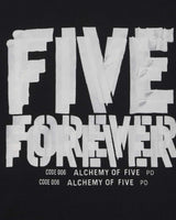 Sp5der Distort Tee onyx, close-up of the FIVE FOREVER graphic and Alchemy of Five code text