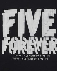 Sp5der Distort Tee onyx, close-up of the FIVE FOREVER graphic and Alchemy of Five code text